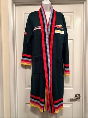 Mira Mikati Dark Green Patchwork Long Cardigan with Red, Gray & Yellow Trim